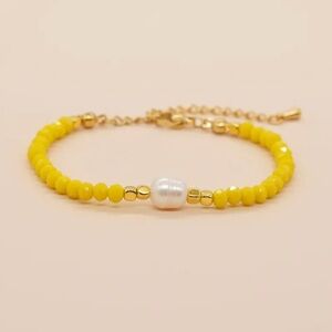 Yellow Beaded Bracelet with Natural Pearl Accent and Gold tone beads Unisex